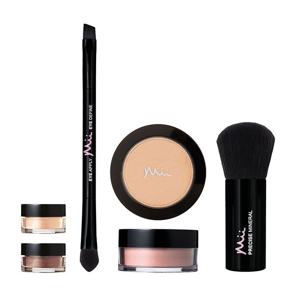 Mii Cosmetics Mineral Beautiful Basics Kit; Foundation, Eyeshadow, Blush & Brush Set