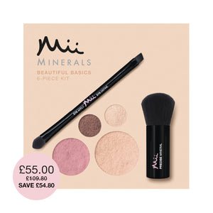 Open image in slideshow, Mii Cosmetics Mineral Beautiful Basics Kit; Foundation, Eyeshadow, Blush &amp; Brush Set
